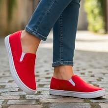 Zapatos casuales unisex de color sólido, de corte bajo, ligeros, sin cordones, puntera lisa, suela de goma, parte superior de tela, plantilla de tela, para hombres, mujeres, actividades al aire libre, deportes, trabajo Liso Elegante Tela - Rojo - Ver 3