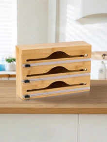 1 Bamboo-Based Food Storage Bag Dispenser, Aluminum Foil Dispenser, Food Storage Rack, Suitable For Kitchen - Back-To-School Season. - Multicolor - View 2