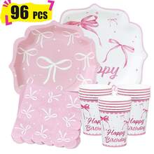 粉色边四瓣花蝴蝶结一次性餐盘、餐巾纸和杯子，派对用品套装，可供 24 人使用，一次性纸质派对餐具，适合生日、婚礼、主题派对、家庭野餐。 - 查看 1