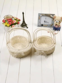 1个圆形编织花篮，乡村风小花童篮，抛花篮，鲜花礼品包装篮，浪漫婚礼花童篮，收纳篮，高端手工编织礼品篮 - 白色 - 查看 8