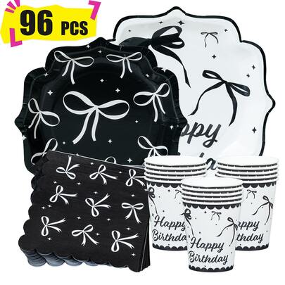 四角花瓣蓝白瓷一次性餐盘、餐巾纸和杯子，派对用品套装，可供 24 人使用，一次性纸质派对餐具，适合生日、婚礼、主题派对、家庭野餐。