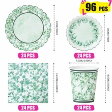 桉树叶清新图案一次性餐盘、餐巾纸和杯子，派对用品套装，可供 24 人使用，一次性纸质派对餐具，适合生日、婚礼、主题派对、家庭野餐。 - 查看 2