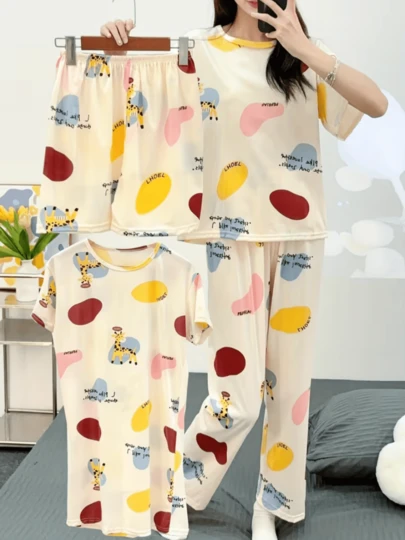 4 piezas de conjunto de pijama casual con estampado de letras y bloques de color para mujer, top de manga corta con cuello redondo y pantalones cortos y pantalones y vestido de camiseta, ajuste cómodo y relajado