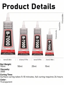 Keo dán đá B-7000, 15/25/50/110ML (3.7 Fl Oz), Keo dán trong suốt siêu chắc, chất lượng cao dùng trong chế tác trang sức, chống thấm nước, dẻo dai, thích hợp cho vải, điện thoại, làm trang sức. - Keo B7000 - Xem 3