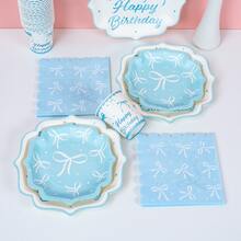 Bộ đồ dùng tiệc dùng một lần họa tiết hoa bốn cánh và nơ màu xanh dương, gồm đĩa, khăn ăn và cốc, phục vụ 24 người, thích hợp cho sinh nhật, đám cưới, tiệc theo chủ đề, dã ngoại gia đình. - Xem 5