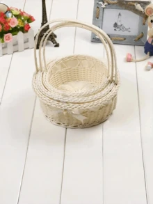 1个圆形编织花篮，乡村风小花童篮，抛花篮，鲜花礼品包装篮，浪漫婚礼花童篮，收纳篮，高端手工编织礼品篮 - 白色 - 查看 9