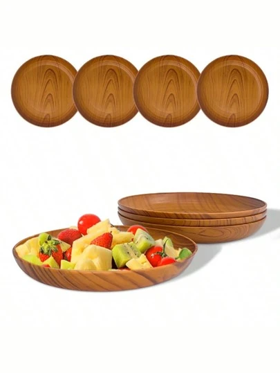 4 Peças Conjunto de Pratos de Jantar de Plástico na Cor de Madeira, Pratos para Salada, Pão, Sanduíche e Café da Manhã, Pratos para Massa e Arroz, Bandeja de Servir, Microondas e Lava-Louças, Adequado para Uso Diário em Famílias, Restaurantes, Festas, Acampamentos ao Ar Livre, Piqueniques, Cozinhas e Festivais