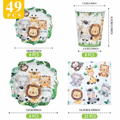 Four-Corner Petal Jungle Animals Disposable Plates, Napkins And Cups Set, Serves 8 Guests. This Disposable Party Supplies Set (Including Plates, Napkins And Cups) Is Perfect For Birthday Parties, Weddings And Family Picnics.