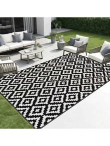 1PC, Waterproof Outdoor Carpet, Reversible Plastic Straw Terrace Carpet, Suitable For Camping, Outdoor RV Mats, Indoor And Outdoor Carpets For Porch, Deck, Backyard, Campers, Balconies, Picnics, Black And White - multicolor - View 2