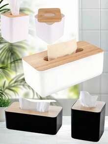 Modern Rectangular Plastic Tissue Box With Natural Wood Lid, Creative Storage Box For Home And Office - Multicolor - View 1