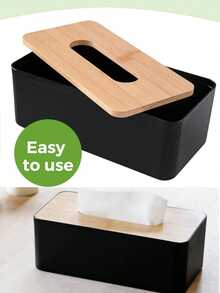 Modern Rectangular Plastic Tissue Box With Natural Wood Lid, Creative Storage Box For Home And Office - Multicolor - View 3
