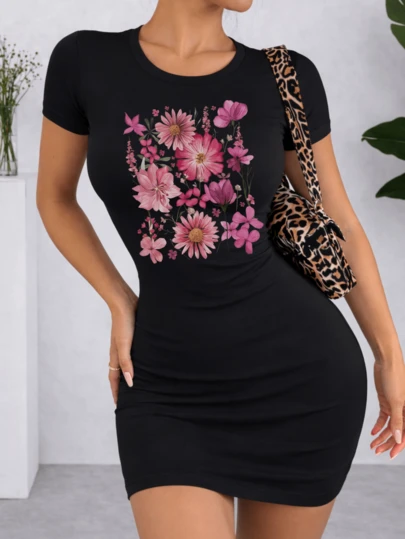 Vestido Ajustado Con Mangas Estampado al frente Flores Primavera