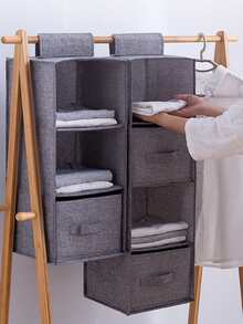 悬挂式衣柜收纳整理架 – 可折叠悬挂式收纳架，适用于橱柜、衣柜和壁橱。节省空间的卧室收纳方案，采用抽屉式收纳单元和多层无纺布悬挂式收纳袋。可用于存放鞋子、衣物和厨房用品。灰色亚麻图案，兼具家居装饰、房间装饰和秋季装饰功能。多功能悬挂式收纳架。 - 灰色 - 查看 2