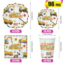 Bộ đồ dùng tiệc sinh nhật dùng một lần hình máy xúc bốn góc cánh hoa, gồm đĩa, khăn ăn và cốc, phục vụ 24 người, thích hợp cho sinh nhật, đám cưới, tiệc theo chủ đề, dã ngoại gia đình. - Xem 8