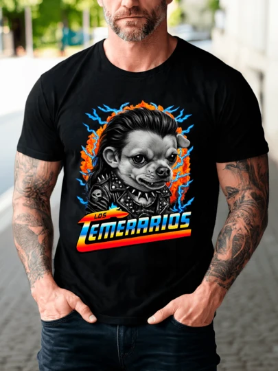 Playera Unisex 100% Algodón Peinado Cuello Redondo Modelo Perrito Rockero Temerario Gótica Estilo Unisex, Fresca y Cómoda, Para Uso Diario, Streetwear, Conciertos, Chistosas, Creativas, Gimnasio, Deportes