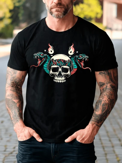 Playera Unisex 100% Algodón Peinado Cuello Redondo Modelo Calaca Con Serpientes Prehispánicas Estilo Unisex, Fresca y Cómoda, Para Uso Diario, Streetwear, Conciertos, Chistosas, Creativas, Gimnasio, Deportes