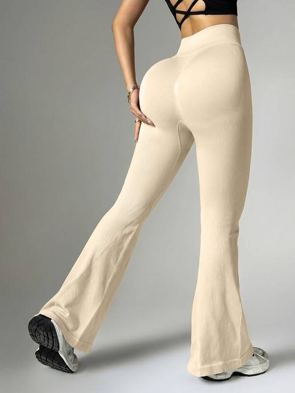 Pantalones acampanados de cintura alta para mujer, tejido elástico acanalado, ajuste moldeador, estilo deportivo y casual para uso diario