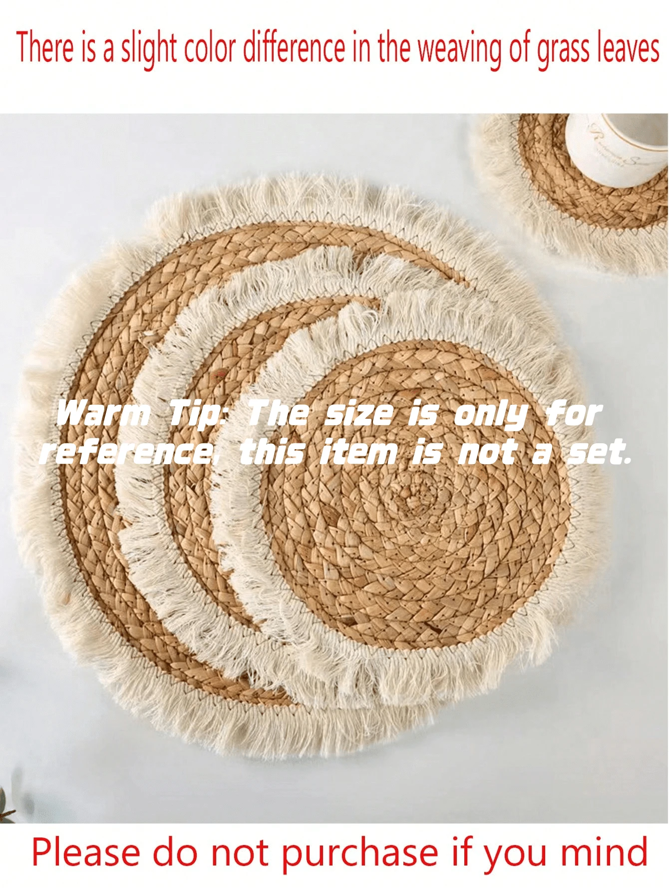 SHEIN 1 tấm lót bàn có tua rua, làm bằng cỏ biển dệt với ren, cách nhiệt, dùng cho bàn tròn. - Nhiều màu - Xem 1
