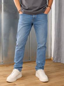 Jeans de Hombre Rectos Lavado Ligero Pantalones de Mezclilla Slim Fit Elásticos Estilo Casual Moderno Transpirables para Uso Diario Versátiles - Azul - Ver 1
