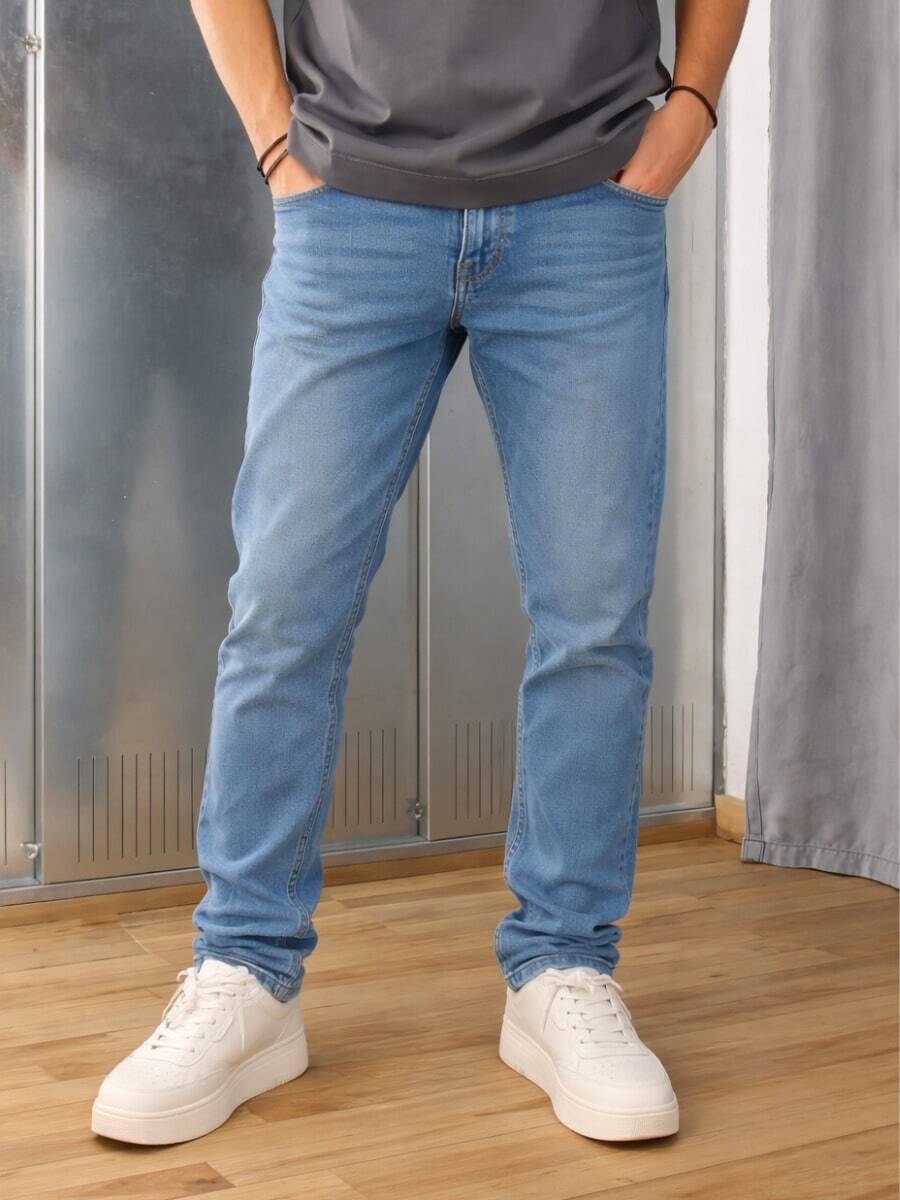 Straight Men's Light Washed Pants Slim Fit Elastic Modern Breathable For Long Use Versatile - Blue - View 1