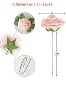 15Pcs Artificial Roses With Stem 15Pcs Leaves Realistic Silk Flowers For DIY Wedding Bouquet Table Centerpiece Party Baby Shower Home Decor Valentines Birthday Graduation Gift - Baby Pink - View 3