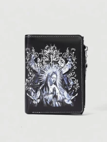 ROMWE Goth 哥特风钱包，朋克女孩爱心宝石水晶泪滴、星星、太阳、宝剑创意设计五芒星拉链零钱包，休闲时尚卡包 - 灰黑色 - 查看 1