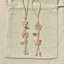 1Pc Pink/Green Crystal Jade Flower & Green Leaf Spring Limited Phone Lanyard, Versatile Bag Charm Keychain Camera CCD Decor, Sweet Floral Phone Strap For Daily Outfit Matching, Perfect Birthday Holiday Gift For Mother Family And Friends - Multicolor - View 11