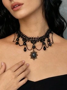 Joivida 1/2 chiếc vòng cổ tua rua hình giọt nước bằng ren – Vòng cổ choker ren cao cấp dành cho nữ của Niche Luxury - màu đen - Xem 3