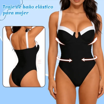 Traje de baño de una pieza con escote en V, en blanco y negro con diseño de patchwork, de la marca Polovedo, para vacaciones y playa en verano