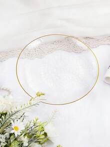 5Pcs/25Pcs These Pure White Square Plates Feature Elegant Gold Trim, Exuding A Premium Feel. The Smooth, Easy-To-Clean Surface Combines Aesthetics And Practicality. Suitable For Various Occasions Such As Wedding Banquets, Birthday Parties, Family Gatherings, Outdoor Team Building Activities, And Business Meetings, They Effortlessly Enhance Any Dining Atmosphere. - Transparent - View 4