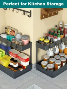 Two-Tier Under-Sink Storage Drawers, Sliding L-Shaped Bathroom And Kitchen Cabinet Storage, Multi-Functional Sink Storage, Bathroom And Kitchen Drawers. - Black - View 4