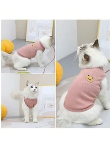 Chaleco de mascota con textura de gofre, bordado de oso, suave y transpirable, con botones a presión ajustables, ropa de moda para perros y gatos pequeños, fácil de usar y lavable a máquina - Rosa vieja - Ver 5