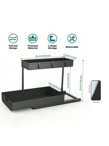 Two-Tier Under-Sink Storage Drawers, Sliding L-Shaped Bathroom And Kitchen Cabinet Storage, Multi-Functional Sink Storage, Bathroom And Kitchen Drawers. - Black - View 2