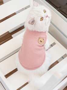 Chaleco de mascota con textura de gofre, bordado de oso, suave y transpirable, con botones a presión ajustables, ropa de moda para perros y gatos pequeños, fácil de usar y lavable a máquina - Rosa vieja - Ver 2