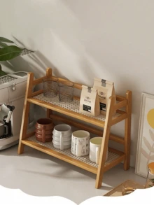 1 PC Large Double Layer Rattan Desktop Bookshelf Cup Holder Creative Simple Kitchen Water Tea Cup Storage Shelf Multifunctional Desk Organizer Shelf Coffee Snack Storage Display Stand Home Office Organization Rustic Natural Rattan Shelf Home Decor Storage Rack - Multicolor - View 4
