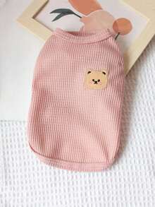 Chaleco de mascota con textura de gofre, bordado de oso, suave y transpirable, con botones a presión ajustables, ropa de moda para perros y gatos pequeños, fácil de usar y lavable a máquina - Rosa vieja - Ver 4