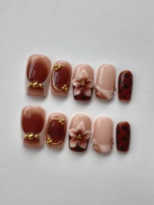 10 Pieces Y2K Gradient Amber Square Metal Texture Gilded Handmade French Manicure 3D Carved Wearable Press On Nails High End Versatile Daily Wear For Women Nail Art Supplies False Nails Home Salon Gift - Brown - View 3
