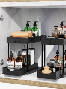 Two-Tier Under-Sink Storage Drawers, Sliding L-Shaped Bathroom And Kitchen Cabinet Storage, Multi-Functional Sink Storage, Bathroom And Kitchen Drawers. - Black - View 9