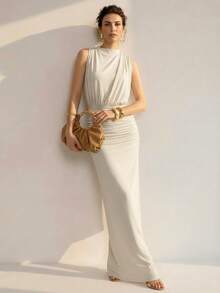 Uhlyne Elegant Extra Long Sleeveless Asymmetric Shoulder Party Dress For Women - Apricot - View 5
