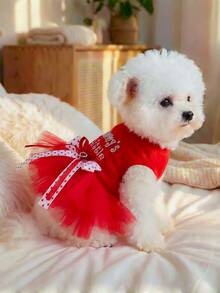 1 Piece Of Cat And Dog Universal Clothing, Embroidered Red Pet Fluffy Skirt In Princess Style, Suitable For Small Dogs To Wear As "Mom's Little Baby" - Red - View 4