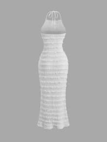 Sweetra Casual Halter Neck Cami Long Dress White Sleeveless Midi Pencil All Over Print For Women - White - View 2