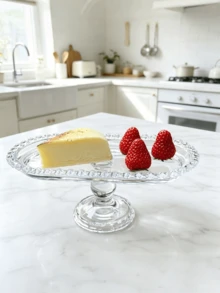1 Piece, Minimalist Retro-Style Transparent Glass Bead High-Footed Tray, Dessert Plate, Pastry And Fruit Platter, High-Footed Display Tray Decor. - Clear - View 5