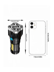 1 PIEZA Linterna recargable por USB, 4 LED ultra brillantes portátil, adecuada para camping al aire libre, emergencias, visualización de energía, con luz lateral, larga distancia de haz, uso en exteriores y en el hogar, regalo navideño - Negro - Ver 12