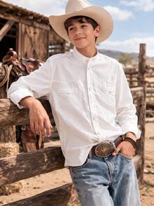 Camisa para niño manga larga cuello mao | Beige y blanco | Tallas 4 a 14 - blanco - Ver 1
