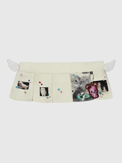 ROMWE Anime Y2K Cute Kitten Pattern Printing Pendant Pleated Fart Curtain Lady Stacked Wings Design Hem Group Curtain, Suitable For Going Out To Wear, Parties, Taking Pictures, Very Cute