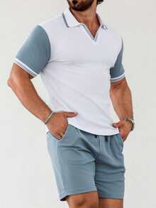 OTTIMOZO Men's Minimalist Striped Contrast Color Short Sleeve Polo Shirt And Casual Pocket Shorts Set - White - View 4