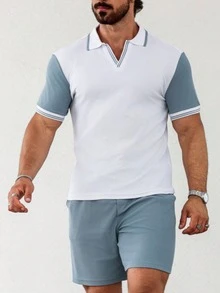 OTTIMOZO Men's Minimalist Striped Contrast Color Short Sleeve Polo Shirt And Casual Pocket Shorts Set - White - View 3