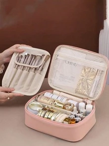 Polyester Large Travel Makeup Bag - Multi-Compartment Organizer For Cosmetics, Brushes & Skincare, Portable Toiletry Case For Beach, School & Gifts, Hanging Design For Easy Access - Dusty Pink - View 5