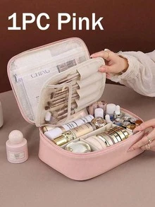Polyester Large Travel Makeup Bag - Multi-Compartment Organizer For Cosmetics, Brushes & Skincare, Portable Toiletry Case For Beach, School & Gifts, Hanging Design For Easy Access - Dusty Pink - View 13