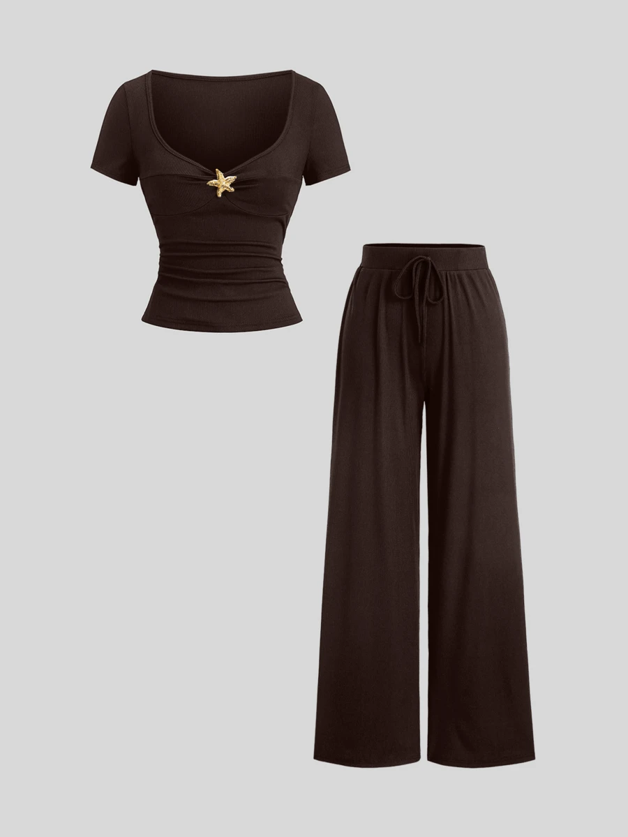 Sweetra Women's Solid Color Metal Decor Short Sleeve Top And Long Pants Casual 2-Piece Set, Spring/Summer - Chocolate Brown - View 1
